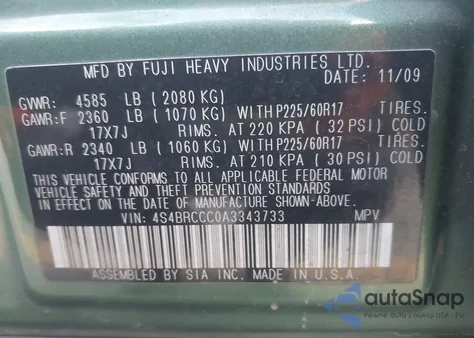 2010 Subaru Outback 2.5I Premium z USA, uszkodzony, nr VIN 4S4BRCCC0A3343733